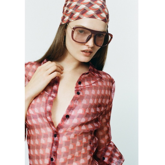 Zara Tops - Zara Semi Sheer Geometric Print Organza Button Shirt Blouse